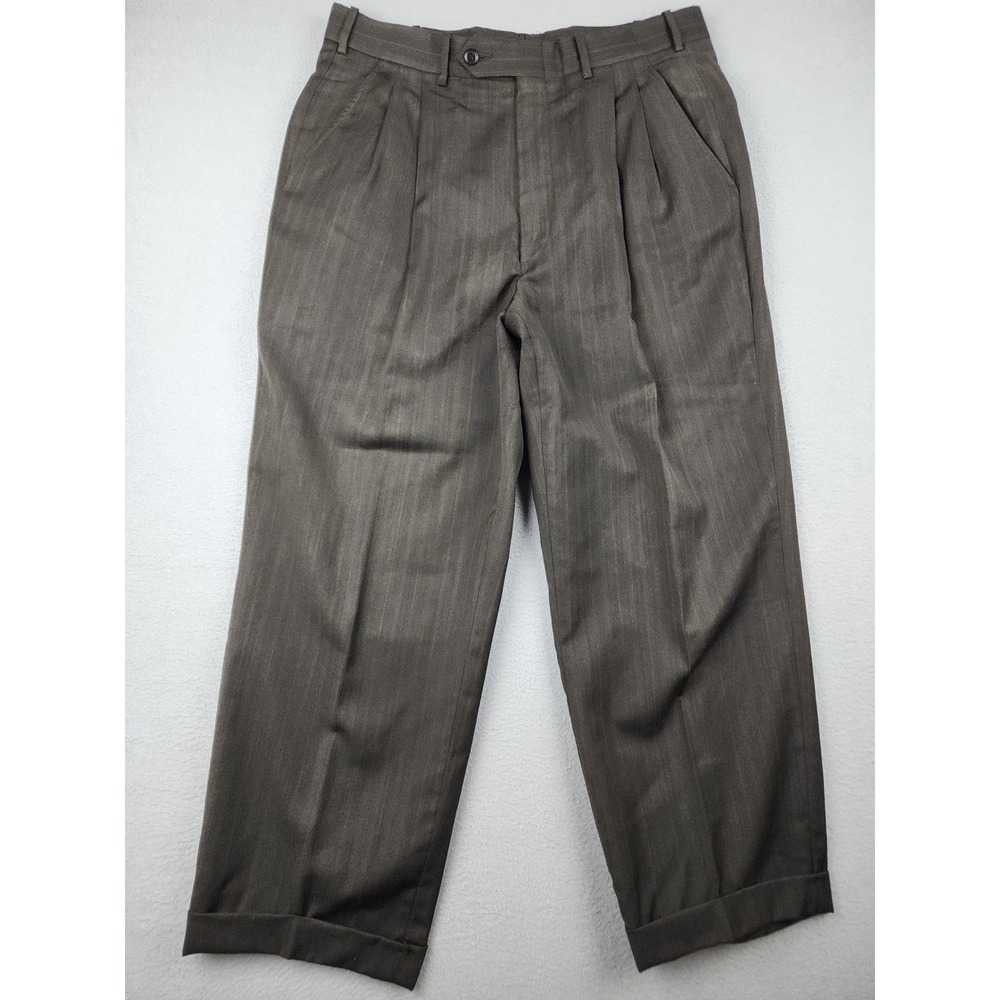 Dress Pants Mens 32x27 Gray Brown Wool Herringbone Tweed Pleated Cuffed Classic